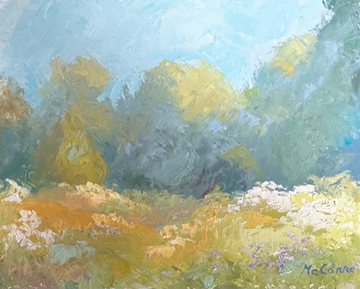 Painting of a path in a birch tree forest