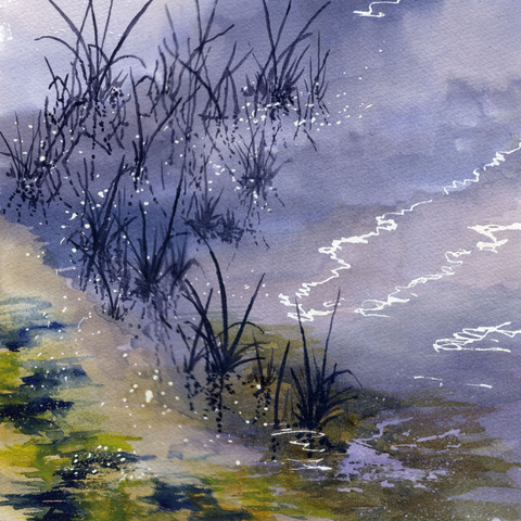 Abstract painting, mostly white and creat with yellow and blue streaks