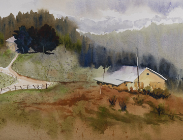 Painting of a path in a birch tree forest