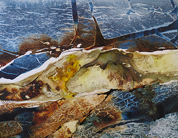 Abstract painting, mostly white and creat with yellow and blue streaks