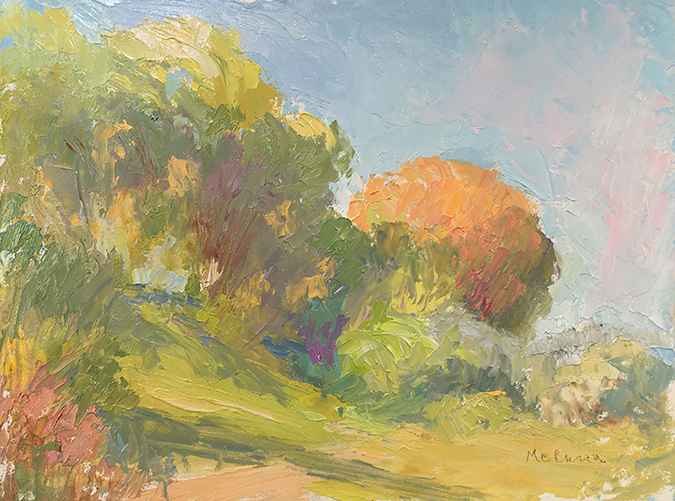 Painting of a path in a birch tree forest